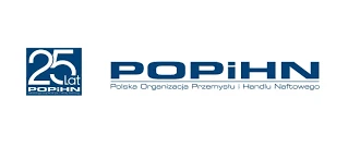 Projekt graficzny przedstawiający logo POPIHN, polskiej organizacji związanej z branżą naftową i przemysłem, ze szczególnym naciskiem na grafikę i design. 25 w pogrubionym druku.